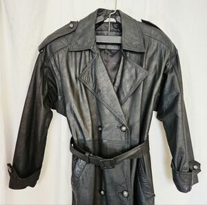 1980s Vintage EXPRESS Womens Size Small Long Black Genuine Leather Trench Coat